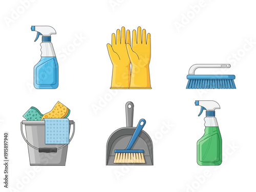 Collection of cleaning supplies including sprays, gloves, bucket, brush, and dustpan, ready for household chores