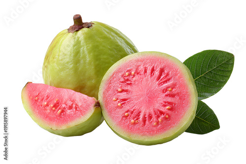 Fresh whole and sliced pink guava fruit with green skin isolated on white background