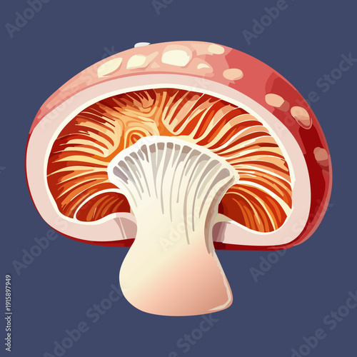 Transversal cut of ruby red fungus showing anatomical details for vegetarian cooking school educational material - Vector Illustration