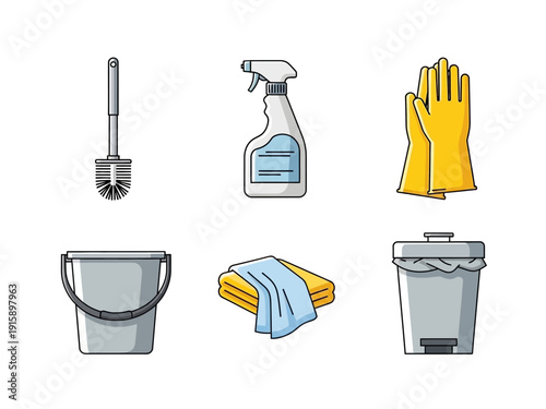 Collection of six vector illustrations representing household cleaning supplies, including a toilet brush, spray bottle, gloves, bucket, towel, and trash can