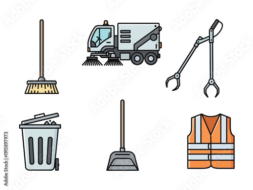 Cleaning services equipment vector illustration, including street sweeper, trash can, broom, dustpan, and safety vest