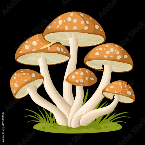 Miniature wild mushroom colony sprouting from forest floor for woodland ecosystem and biodiversity art projects - Vector Illustration