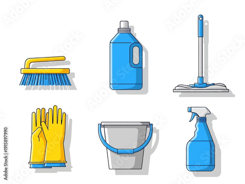 Collection of cleaning supplies and equipment for home sanitation and hygiene