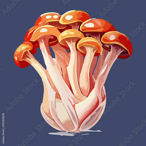 Collection of garnet topped fungi emerging from mossy roots for woodland habitat and biodiversity studies - Vector Illustration
