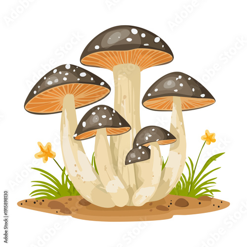 Vertical cluster of smoky charcoal fungi with pearly flecks for mystical nature and dark academia art - Vector Illustration
