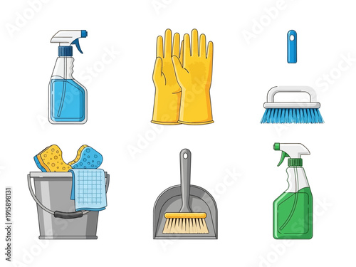 Collection of household cleaning supplies and tools, including a bucket, brush, dustpan, spray bottles, and yellow gloves for hygiene
