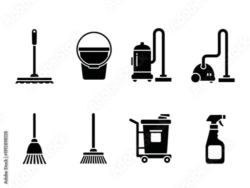 Set of various cleaning tools and equipment, including mops, buckets, brooms, vacuum cleaners, and spray bottles, presented as simple icons for hygiene and household chores