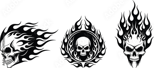 Collection of black flaming skull vector illustrations with tribal fire elements and demon skeletons isolated on white for motorcycle club tattoos and heavy metal designs.