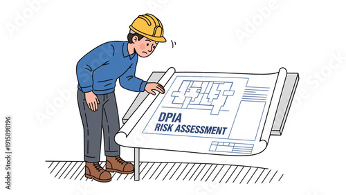 Construction worker in hard hat studying building blueprint with DPIA risk assessment. Engineering and project management concept.