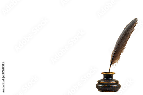 Vintage quill pen in inkwell on blank parchment for writing and calligraphy