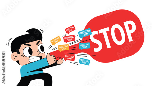 Cartoon character pushing 'STOP' sign, combating hate speech, online negativity, and harmful communication illustration