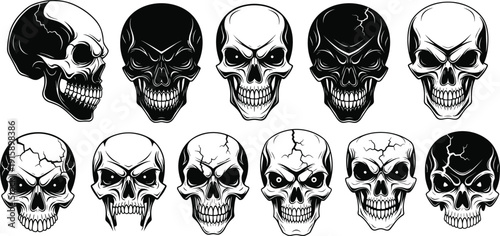 Large collection of black and white skull vector illustrations with cracked textures and various expressions isolated on white background for gothic tattoo designs.