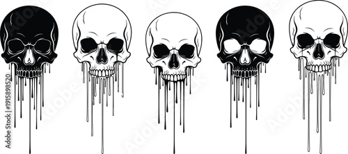 Set of black and white dripping skull vector illustrations with melting liquid paint effects isolated on white background for gothic tattoos and edgy streetwear.