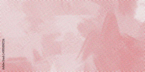 Red color halftone gradient texture. Vanishing cartoon polka dot background. Repeating dotted gradation pattern. Fading comic pop art overlay backdrop. Raster halftone effect wallpaper.