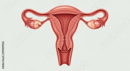 A realistic anatomical illustration clearly displaying the internal structure of the female reproductive system, highlighted by detailed pink tones on a clean white background.