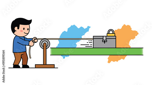 Cartoon man pulling a locked data box across a digital network. Secure data transfer, information retrieval, and network security concept.