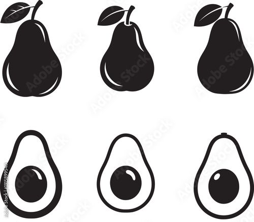 Black illustration of pears and avocados in silhouette style