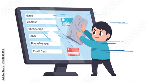 Cleaning Sensitive Data: Cartoon Character Wipes Personal Information from Computer Screen for Digital Privacy and Cybersecurity