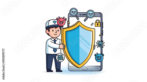 Cybersecurity Mobile Protection. Guard with Shield Defending Smartphone from Viruses and Threats.