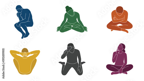 Diverse Human Silhouettes: Emotional States, Contemplation, and Relaxation Vector Icons
