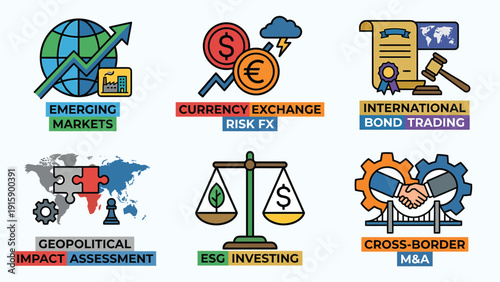 Global Finance & Business Concepts Icon Set: Emerging Markets, FX, Bonds, ESG Investing, M&A, Geopolitics