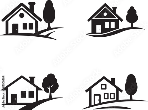 Four simple house icons with trees in silhouette style