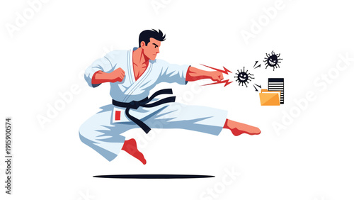 Digital Security Warrior: Karate Man Combating Cyber Threats and Malware