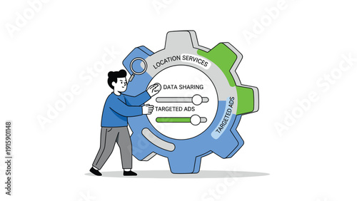 Digital privacy control: Man manages data sharing and targeted ads settings with a gear interface illustration