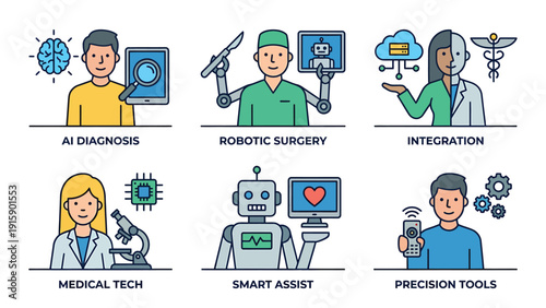 Modern Healthcare Technology Concepts: AI Diagnosis, Robotic Surgery, Smart Assist, Medical Tech Integration