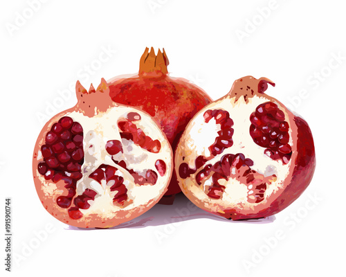 A vibrant illustration of a whole and halved pomegranates showcasing their seeds