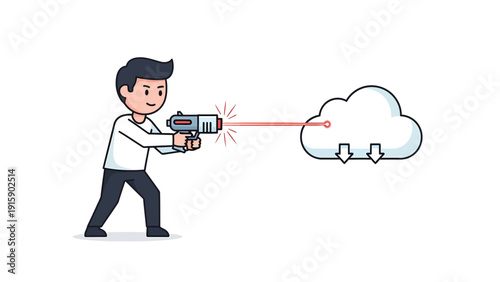 Cybersecurity concept: Man shooting laser at cloud computing icon
