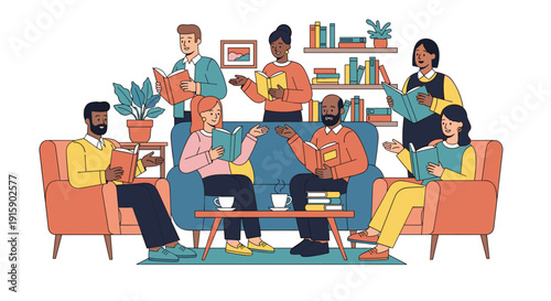 A diverse group of adults sits in armchairs and sofas, reading books and conversing in a relaxed lounge setting.