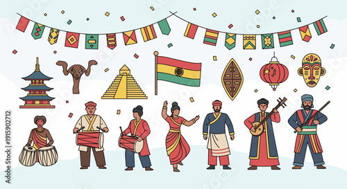 A collection of international cultural symbols, national flags, traditional instruments, and people in folk attire.