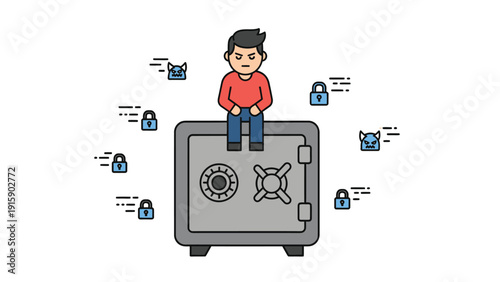Financial Security & Risk Management Concept. Man on safe with digital lock and threat icons.