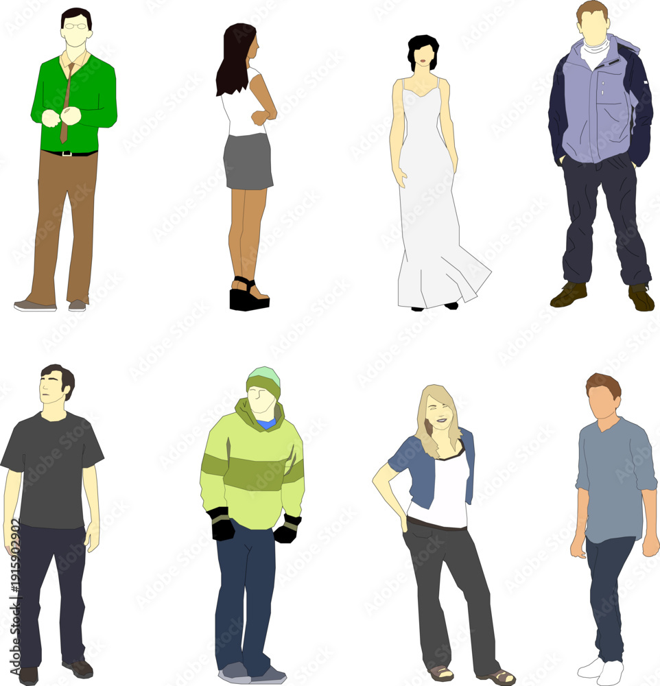 Fototapeta premium Soft Color Minimalist Human Silhouette Illustration Featuring Family Groups and Individual Children for Architecture, Urban Planning, and Editorial Design