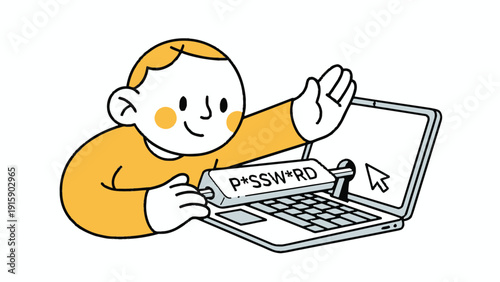 Cartoon person managing password on laptop. Digital security, online login, and data protection concept.
