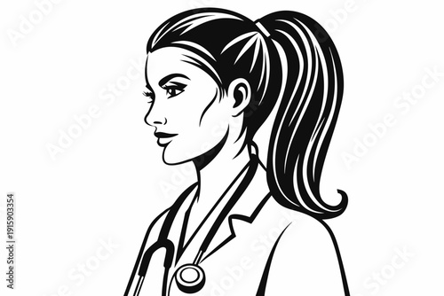 Elegant illustration of a female doctor in profile with a high ponytail