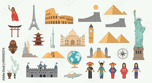 A collage features diverse international landmarks, cultural items, and people dressed in traditional attire.