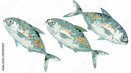 Three stylized fish swim together in a digital illustration