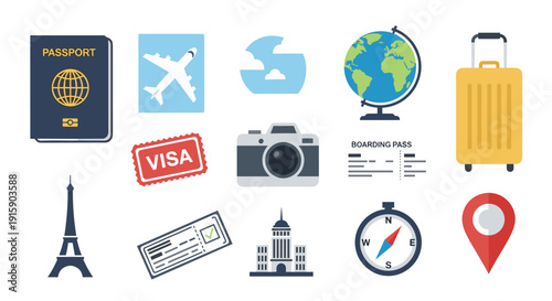 A set of diverse travel icons includes a passport, airplane, globe, suitcase, visa, camera, and map pin.