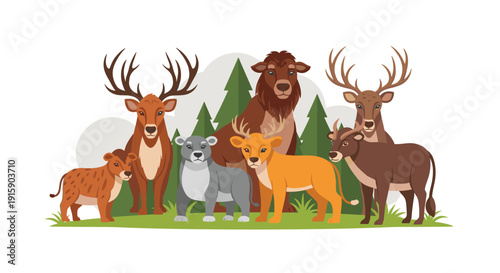 A diverse group of wild animals, including deer, lions, a bear, and felines, stand on a green grassy field.