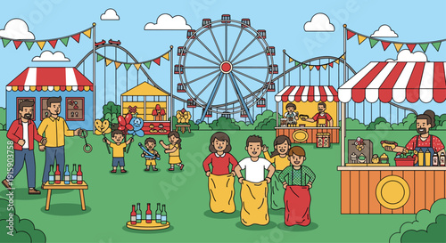 Adults and kids participate in sack races and bottle toss games at a festive outdoor carnival with stalls and thrill rides.
