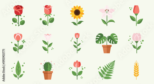 A set of fifteen flat design botanical illustrations showcasing various flowers, plants, and cacti in pots on a light background.