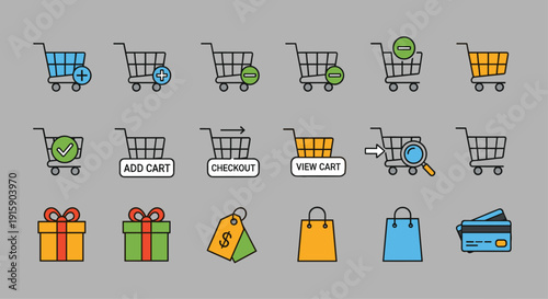 A colorful array of outline icons featuring shopping carts, gift boxes, price tags, shopping bags, and credit cards.