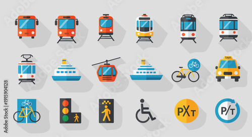 A diverse set of colorful flat design icons representing public transportation vehicles and various traffic signs.