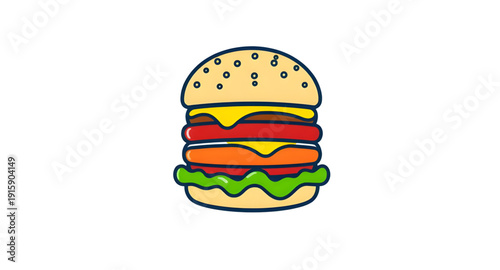 burger, hamburger, food, fastfood, cartoon, illustration, isolated, bun, beef, patty, cheese, lettuce, tomato, sesame, meal, snack, tasty, yummy, delicious, juicy, grilled, sandwich, streetfood, takea