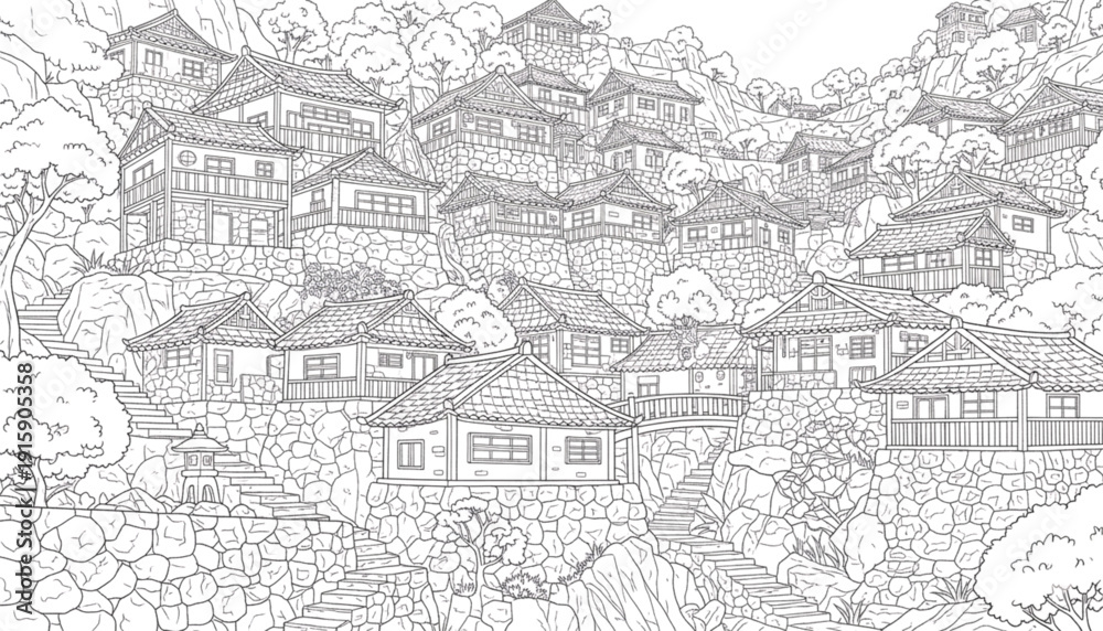 Obraz premium Detailed Line Art Drawing of Traditional Korean Hillside Village for Cultural Education and Relaxation Coloring Books