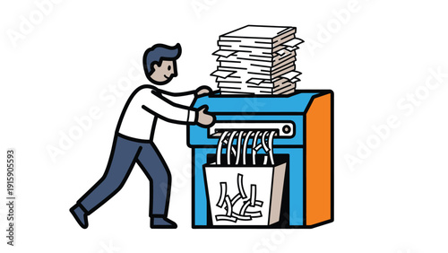Man Shredding Documents with Paper Shredder for Data Security. Office Waste Management & Confidential Information Destruction Illustration.