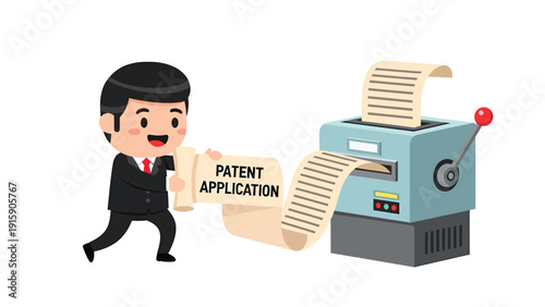 Businessman filing patent application into a processing machine. Intellectual property and invention protection concept.