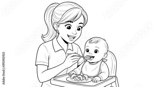 Happy Mother Spoon Feeding Smiling Baby Solid Food in High Chair Family Nurturing Care Parenting Line Art